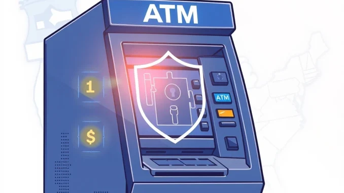 A visual representation of tightening Crypto ATM Regulations in the US, depicting a secure digital asset kiosk with a shield icon, symbolizing consumer protection against fraud.