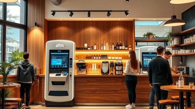 Reborn Coffee store featuring a prominent **crypto ATM**, signaling a new era for digital currency transactions in retail.