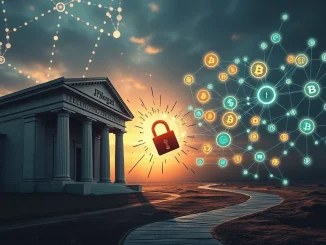 An illustration showing the critical banking infrastructure risks impacting the crypto ecosystem, highlighting the tension between traditional finance and digital assets.