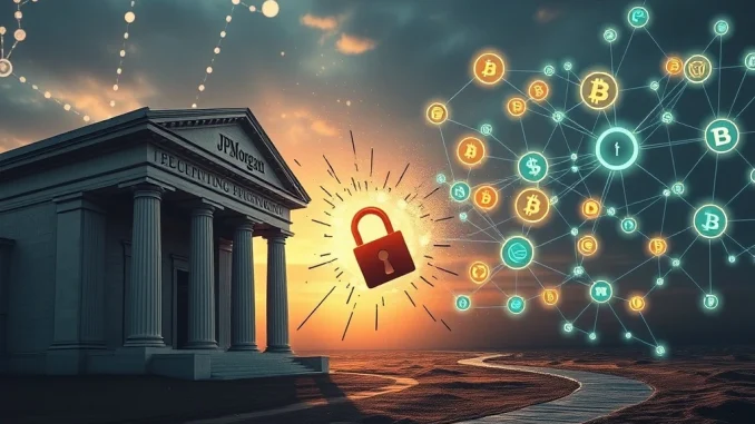 An illustration showing the critical banking infrastructure risks impacting the crypto ecosystem, highlighting the tension between traditional finance and digital assets.