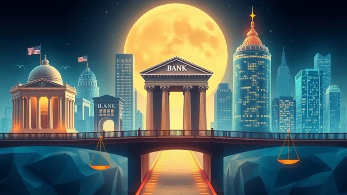 A bridge symbolizing the integration of crypto banking into the US financial system, highlighting regulatory optimism and fintech expansion.