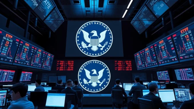 Crypto ETF trading floor with SEC approval process visualization