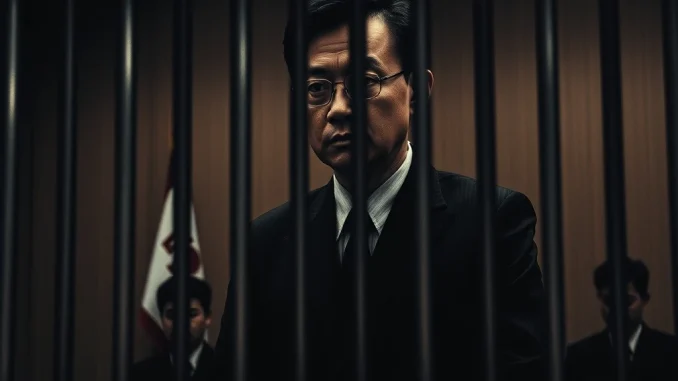 A symbolic image of a crypto exchange CEO's legal downfall, highlighting the severe consequences of national security breaches and digital assets crime.