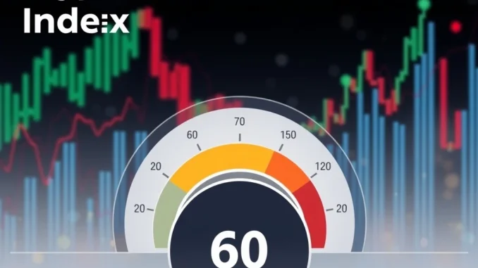 A Crypto Fear & Greed Index dial showing 60, indicating 'Greed' despite market shifts, reflecting overall crypto market sentiment.
