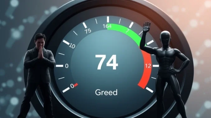 A visual representation of the Crypto Fear & Greed Index, showing a reading of 74, indicating a strong 'Greed' market sentiment.