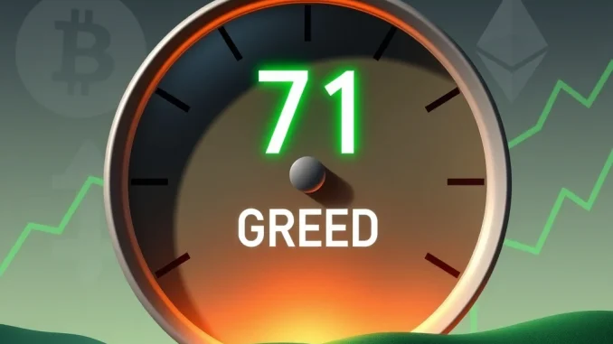 Visualizing the Crypto Fear & Greed Index dial pointing to 'Greed,' reflecting rising investor optimism in the cryptocurrency market.