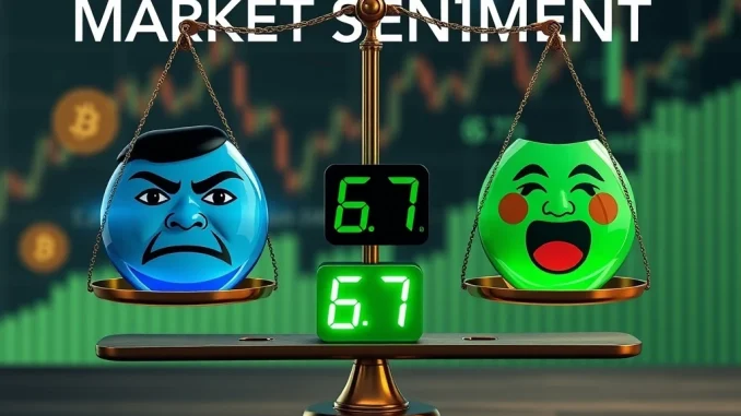A visual scale depicting the **Crypto Fear & Greed Index**, showing a strong lean towards 'Greed' at a value of 67, reflecting current investor psychology.