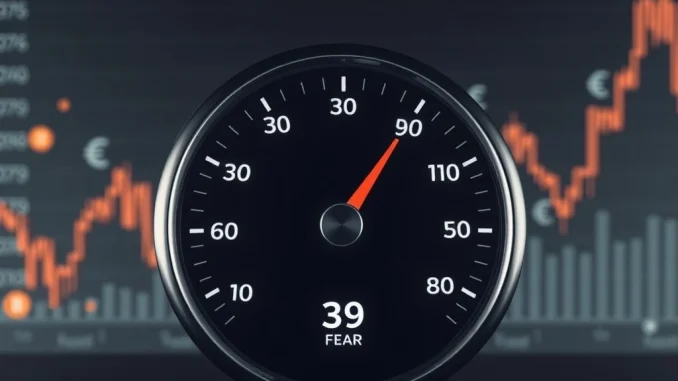 A digital gauge showing the Crypto Fear & Greed Index pointer in the 'Fear' zone, reflecting current investor fear in the cryptocurrency market.