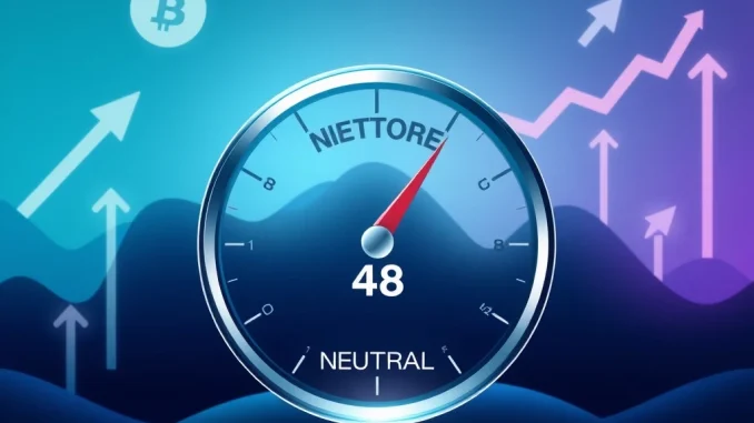 A gauge displaying the Crypto Fear & Greed Index at 48, visually representing the current neutral market sentiment in crypto.
