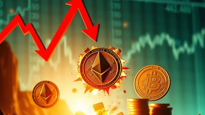 A digital chart depicting a sharp cryptocurrency market downturn, symbolizing crypto perpetual futures liquidation with red candles.