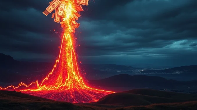 Chart showing a sudden drop in value, representing a massive crypto futures liquidation and market volatility.