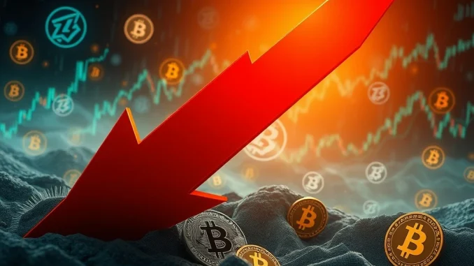 A red downward arrow piercing through cryptocurrency logos, symbolizing the massive crypto futures liquidation event and market volatility.