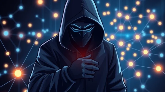 Illustration of a hacker attacking blockchain nodes, representing crypto hacks and security threats.