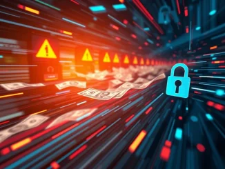 An urgent warning sign over a blockchain network, symbolizing rapid crypto hacks and the critical need for CEX security improvements.