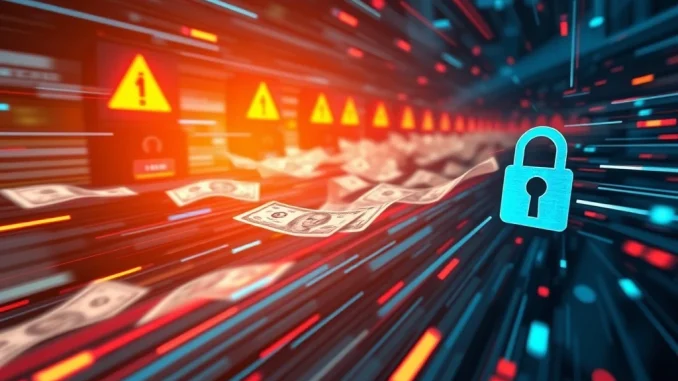 An urgent warning sign over a blockchain network, symbolizing rapid crypto hacks and the critical need for CEX security improvements.