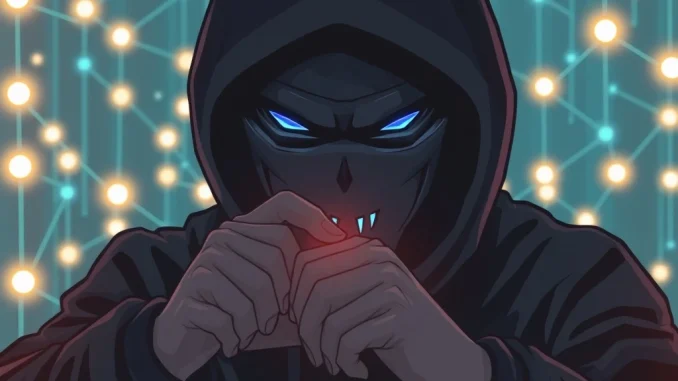 Illustration of a hacker exploiting crypto hacks in a blockchain network