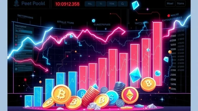 Visualizing the dramatic impact of crypto liquidation on the perpetual futures market, showing falling asset values and market volatility.