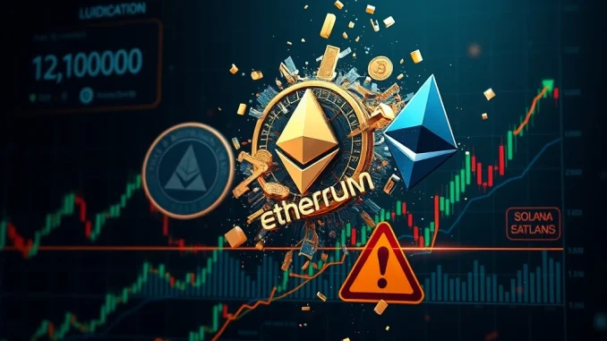 Chart showing significant crypto liquidations for Bitcoin, Ethereum, and Solana perpetual futures, highlighting market impact.