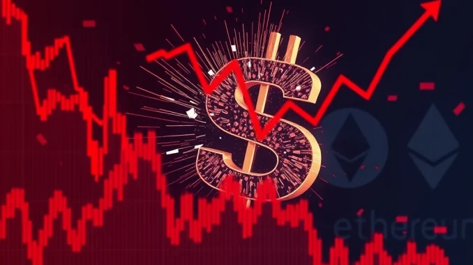 Depiction of massive crypto liquidations, showing a volatile market with sharp price drops and financial losses for futures traders.