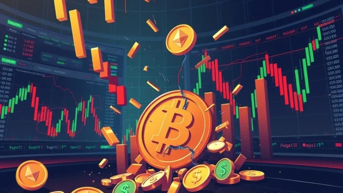 Chart depicting **crypto liquidations** with red and green bars showing significant market volatility and financial losses for traders.