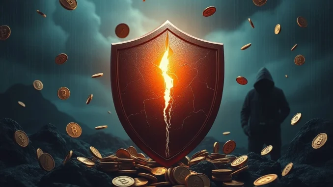 Crypto losses due to hacks and scams with a cracked shield symbolizing security breaches.