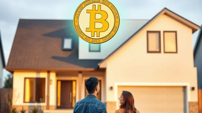 Crypto mortgage collateral concept with Bitcoin symbol over a modern home