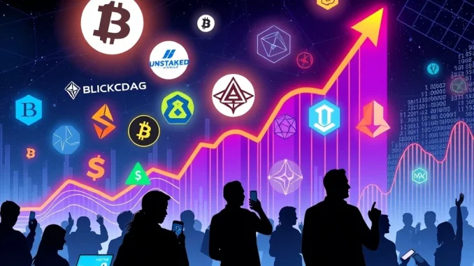 Illustrating the explosive growth of crypto presales in 2025, with BlockDAG, Unstaked, and MAGACOIN FINANCE leading diverse investor interest.