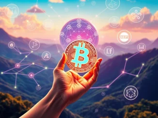 A digital hand holding a coin, symbolizing a crypto presale investment, surrounded by elements representing DeFi trends and AI integration, highlighting blockchain innovation.