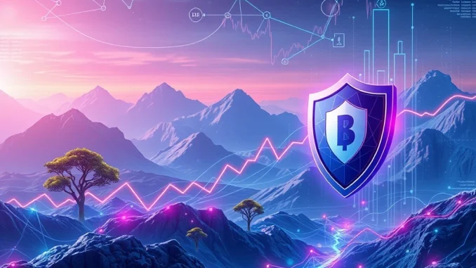 A digital representation of crypto risk strategies, showing AI tools optimizing diversification and stablecoin hedges to cut volatility.