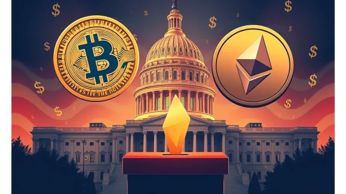 A visual representation of the significant fundraising by a Crypto Super PAC, showing cryptocurrency symbols intertwining with political icons, influencing the upcoming US Midterm Elections.