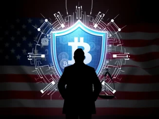 A digital shield protecting assets, symbolizing the fight against crypto theft through private enforcement, with a US flag in the background.