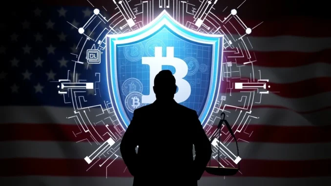 A digital shield protecting assets, symbolizing the fight against crypto theft through private enforcement, with a US flag in the background.