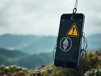 A phone displaying crypto voice phishing warnings, symbolizing the surge in South Korea scams.