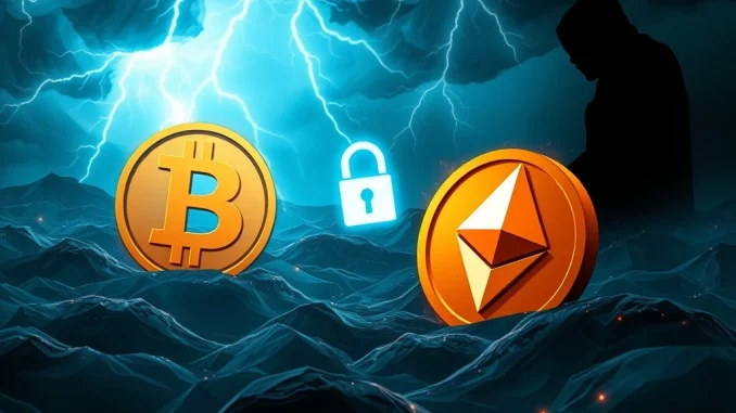 An abstract depiction of cryptocurrency volatility, highlighting cybersecurity threats and regulatory challenges for investors.