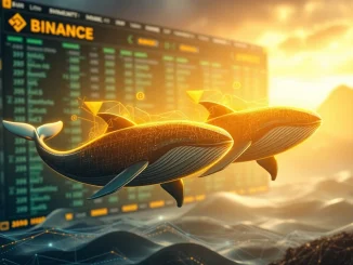 Illustrative image of **crypto whale activity** showing large digital whales transferring Bitcoin and Ethereum tokens, symbolizing significant withdrawals from a major exchange.
