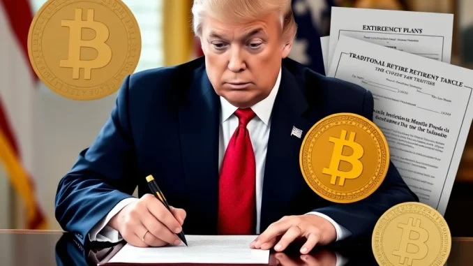 Donald Trump signs an executive order impacting **cryptocurrency 401k** investments and **retirement plans**.
