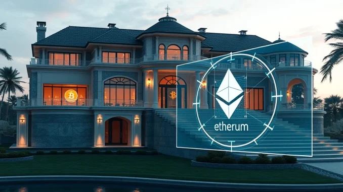 A futuristic luxury mansion intertwined with blockchain symbols, illustrating the secure and private nature of cryptocurrency real estate transactions.