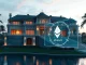 A futuristic luxury mansion intertwined with blockchain symbols, illustrating the secure and private nature of cryptocurrency real estate transactions.