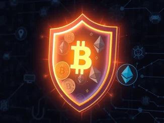 A digital shield protecting various cryptocurrencies, symbolizing robust cryptocurrency security measures against online threats.