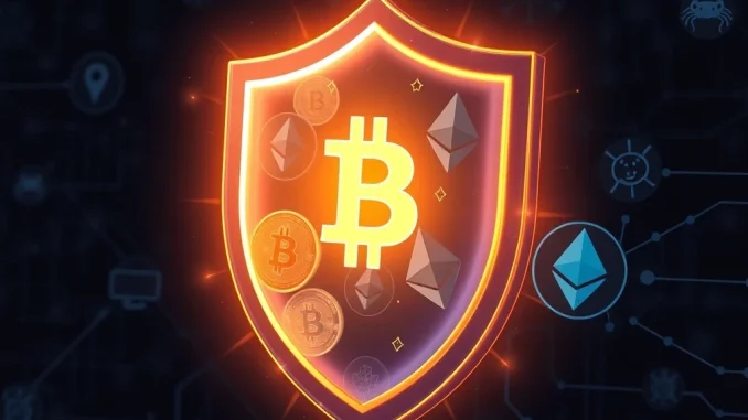 A digital shield protecting various cryptocurrencies, symbolizing robust cryptocurrency security measures against online threats.