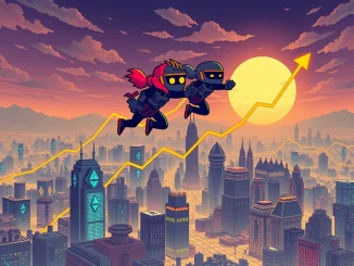 Pixelated CryptoPunks characters rising above an Ethereum blockchain, representing the explosive CryptoPunks NFT surge and increased value.