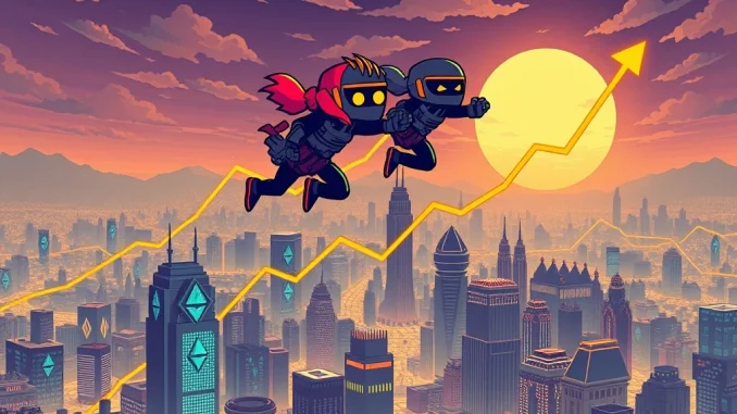 Explosive CryptoPunks Surge: Daily Sales Skyrocket 80% as Ethereum NFT Floor Price Hits 50 ETH Pixelated CryptoPunks characters rising above an Ethereum blockchain, representing the explosive CryptoPunks NFT surge and increased value.