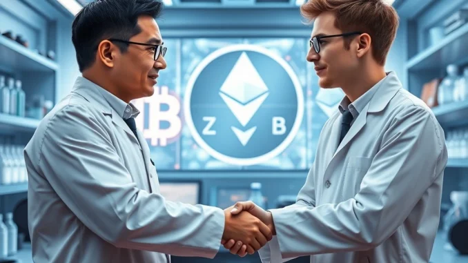 CZ and Vitalik Buterin collaborating on a biotech project with BNB and Ethereum symbols