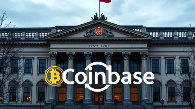 Czech National Bank building with digital elements, symbolizing its $18.1M Coinbase stock investment and evolving central bank crypto strategies.