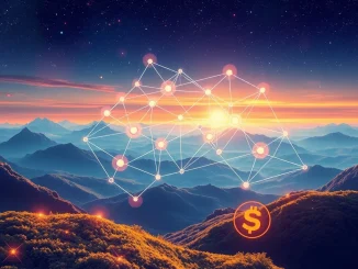 Visualizing D-GN's ethical AI infrastructure growth with blockchain nodes and funding symbols, emphasizing responsible AI development.