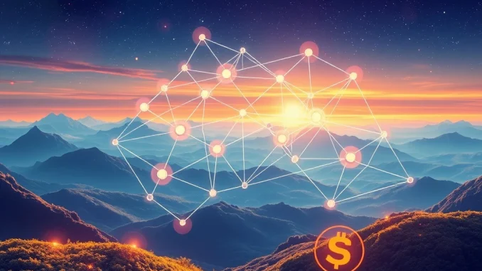 Visualizing D-GN's ethical AI infrastructure growth with blockchain nodes and funding symbols, emphasizing responsible AI development.