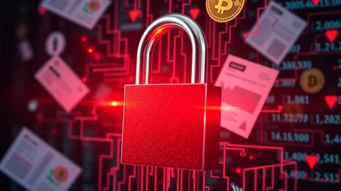 Shocking Study: 93% of Data Breaches Expose Financial Data, 41% Leak Bank Statements Digital lock hacked with financial data and crypto symbols floating, highlighting data breaches and security risks.