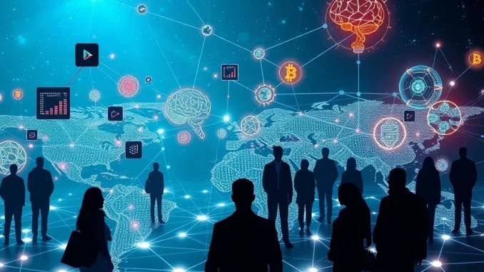 Visualizing decentralized work, where global contributors connect via blockchain platforms to power the Web3 economy with AI and decentralized hardware.