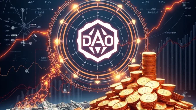 Visualizing DeFi App DAO's strategic move to use 80% of revenue for HOME token buybacks, symbolizing growth and community empowerment within decentralized finance.