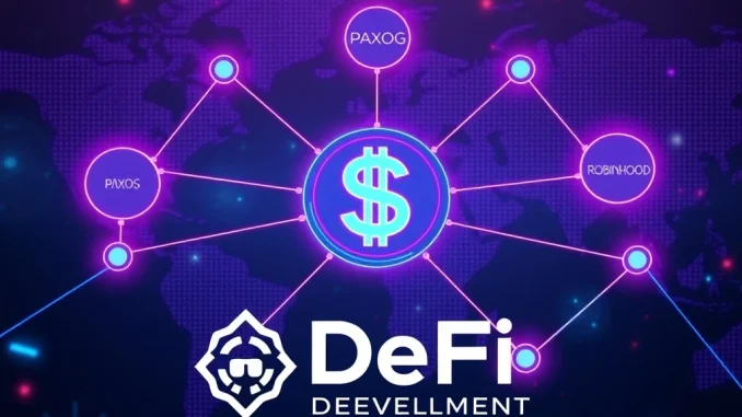 DeFi Development integrates into the Global Dollar Network, symbolizing enhanced USDG stablecoin accessibility and wider stablecoin adoption.